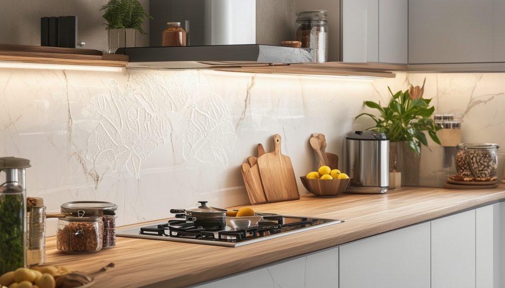 Harmonie Élégante : 🌟 Crédence Blanche et Plan de Bois en Cuisine 🍽️