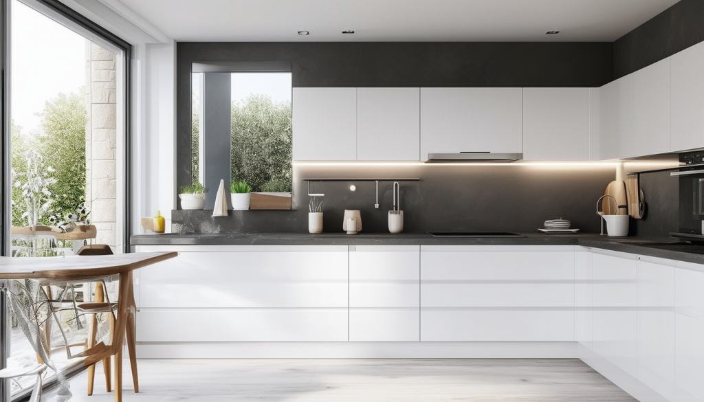 découvrez l'harmonie idéale entre élégance et modernité avec notre cuisine blanche agrémentée d'un plan de travail gris anthracite. un espace fonctionnel et esthétique qui transforme votre intérieur en un lieu de convivialité.